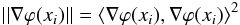 \begin{eqnarray} || \nabla\varphi(x_i) || = \left< \nabla\varphi(x_i), \nabla\varphi(x_i) \right>^2 \end{eqnarray}
