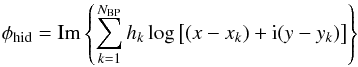 \begin{eqnarray} \label{eq: BP phase} \phi_{\rm hid} = \mathrm{Im} \left\{ \sum_{k=1}^{N_{\rm BP}} h_k \log \left[ (x-x_{k}) + {\rm i}(y-y_{k}) \right] \right\} \end{eqnarray}