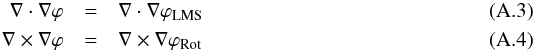 \appendix \setcounter{section}{1} \begin{eqnarray} \nabla \cdot \nabla \varphi &=& \nabla \cdot \nabla \varphi_{\rm LMS} \\ \nabla \times \nabla \varphi &=& \nabla \times \nabla \varphi_{\rm Rot} \end{eqnarray}