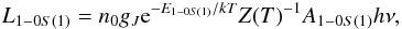 \begin{eqnarray*} L_{1-0S(1)}=n_0g_J{\rm e}^{-E_{1-0S(1)}/kT}Z(T)^{-1} A_{1-0S(1)} h\nu, \end{eqnarray*}