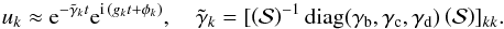 \begin{equation} u_\l \approx \mathrm{e}^{- \tilde \gamma_\l t} \mathrm{e}^{\mathrm{i} \,(g_\l t + \phi_\l)} , \quad \tilde \gamma_\l = [\SS^{-1} \mathrm{diag(\gamma_b,\gamma_c,\gamma_d)} \SS]_{\l \l} . \end{equation}