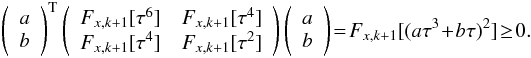 \appendix \setcounter{section}{1} \begin{eqnarray} \left(\begin{array}{c} a\\b \end{array}\right)^{\rm T} \left(\begin{array}{cc} F_{x,k+1}[\tau^6] & F_{x,k+1}[\tau^4]\\ F_{x,k+1}[\tau^4] & F_{x,k+1}[\tau^2] \end{array}\right) \left(\begin{array}{c} a\\b \end{array}\right) \!=\!F_{x,k+1}[(a\tau^3\!+\!b\tau)^2]\!\geq\! 0. \end{eqnarray}