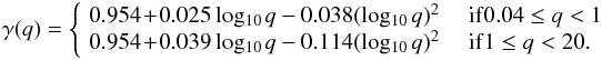 \appendix \setcounter{section}{1} \begin{eqnarray*} \gamma(q)=\left\{ \begin{array}{l l} \!0.954\!+\!0.025\,\mathrm{log_{10}}\,q-0.038(\mathrm{log_{10}}\,q)^{2} & ~ {\rm if} 0.04\leq q < 1\\ \!0.954\!+\!0.039\,\mathrm{log_{10}}\,q-0.114(\mathrm{log_{10}}\,q)^{2} & ~ {\rm if} 1\leq q < 20. \\ \end{array} \right. \end{eqnarray*}