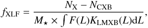 \begin{eqnarray} f_{\rm{XLF}} = \frac{N_{\rm{X}} - N_{\rm{CXB}} }{M_{\star} \times \int F(L) K_{\rm{LMXB}} (L) {\rm d}L} , \label{eq:fxlf} \end{eqnarray}