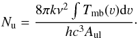 \appendix \setcounter{section}{3} \begin{equation} N_{\rm u} = \frac{8\pi k\nu^2 \int T_{\rm mb} (\varv) \mathrm{d}\varv}{hc^3A_{\rm ul}} \cdot \end{equation}