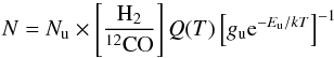 \appendix \setcounter{section}{3} \begin{equation} N = N_{\rm u} \times \left[\frac{{\rm H}_2}{^{12}{\rm CO}}\right] Q(T) \left[g_{\rm u} {\rm e}^{-E_{\rm u}/kT}\right]^{-1} \end{equation}