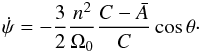 \begin{eqnarray} \dot{\psi} = -\frac{3}{2}\frac{n^2}{\Omega_0} \frac{C-\bar{A}}{C }\cos{\theta}\cdot \label{eq:precession} \end{eqnarray}