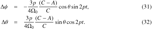 \begin{eqnarray} \Delta \psi &=& - \frac{ 3 p }{4 \Omega_0} \frac{(C-A)}{C} \cos{\theta} \sin{2 pt}, \\ \Delta \theta &=& \frac{ 3 p }{4 \Omega_0} \frac{(C-A)}{C} \sin{\theta} \cos{2 pt}. \end{eqnarray}