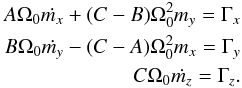 \begin{eqnarray} A \Omega_0 \dot{m_x} + (C-B) \Omega_0^2 m_y = \Gamma_x \nonumber \\ B \Omega_0 \dot{m_y} - (C-A) \Omega_0^2 m_x = \Gamma_y \\ C \Omega_0 \dot{m_z} = \Gamma_z \nonumber. \label{eq:firstorder} \end{eqnarray}