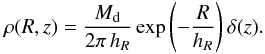 \appendix \setcounter{section}{1} \begin{equation} \rho(R,z) = \frac{M_{\text{d}}}{2\pi\,h_R} \exp\left(-\frac{R}{h_R}\right) \delta(z). \end{equation}