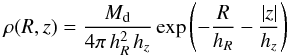 \begin{equation} \rho(R,z) = \frac{M_{\text{d}}}{4\pi\,h_R^2\,h_z} \exp\left(-\frac{R}{h_R}-\frac{|z|}{h_z}\right) \label{ded} \end{equation}