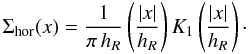\begin{equation} \Sigma_{\text{hor}}(x) = \frac{1}{\pi\,h_R} \left(\frac{|x|}{h_R}\right) K_1\left(\frac{|x|}{h_R}\right) \label{dust-mass-radial-profile}\cdot \end{equation}