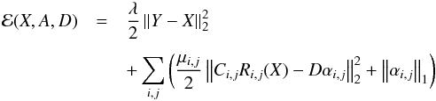 \begin{eqnarray} \mathcal{E} (X,A,D) &=& \frac{\lambda}{2}\left\|Y-X\right\|_2^2 \nonumber\\[1.5mm] && +\sum_{i,j}\left ( \frac{\mu_{i,j}}{2}\left\|C_{i,j}R_{i,j}(X)-D\alpha_{i,j}\right\|_2^2 + \left\|\alpha_{i,j}\right\|_1\right) \label{denoising_energy} \end{eqnarray}