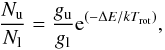 \begin{equation} \frac{N_{\rm u}}{N_{\rm l}} = \frac{g_{\rm u}}{g_{\rm l}} {\rm e}^{\left(-{\Delta E/kT_{\rm rot}}\right)}, \end{equation}