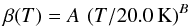 \begin{equation} \beta(T) = A\,\, (T/20.0\,{\rm K})^{B} \label{eq:AB} \end{equation}