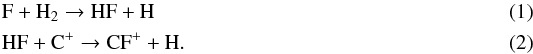 \begin{eqnarray} &&\rm F + H_2 \rightarrow HF + H \\ &&\rm HF + C^+ \rightarrow CF^+ + H . \label{reaction} \end{eqnarray}