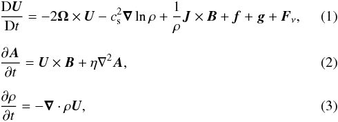 \begin{eqnarray} &&{\DD\UU\over\DD t}=-2\OO\times\UU -\cs^2\nab\ln\rho+{1\over\rho}\JJ\times\BB+\ff+\grav+\FF_\nu,\\[2mm] &&{\partial\AAA\over\partial t}=\UU\times\BB+\eta\nabla^2\AAA,\\[2mm] &&{\partial\rho\over\partial t}=-\nab\cdot\rho\UU, \end{eqnarray}