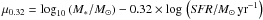 \hbox{$\mu_{0.32}=\log_{10} \left(M_{*}/{M_{\sun}}\right)-0.32\times\log \, \left({{\it SFR}/M_{\sun}\,{\rm yr}^{-1}}\right)$}