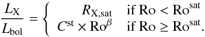 \begin{equation} {L_{\rm X} \over L_{\rm bol}} = \left\{ \begin{array}{rl} R_{\rm X, sat} &\text{if Ro} < \text{Ro}^{\rm sat} \\ C^{\rm st} \times \text{Ro}^{\beta} &\text{if Ro} \ge \text{Ro}^{\rm sat}. \end{array} \right. \end{equation}