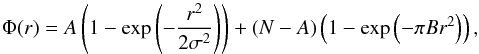 \begin{equation} \Phi(r) = A \left(1-\exp\left(-{r^2 \over 2 \sigma^2}\right)\right) + \left(N - A\right) \left(1-\exp \left(-\pi B r^2 \right)\right), \end{equation}