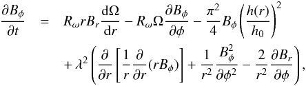 \begin{eqnarray} % \frac{\partial B_\phi}{\partial t} &=& R_\omega r B_r\frac{{\rm d}\Omega}{{\rm d}r}-R_\omega\Omega\frac{\partial B_\phi}{\partial \phi}-\frac{\pi^2}{4} B_\phi\left(\frac{h(r)}{h_0}\right)^2 \nonumber\\ && +\, \lambda^2\left(\frac{\partial}{\partial r}\left[\frac{1}{r}\frac{\partial}{\partial r}(rB_\phi)\right] +\frac{1}{r^2}\frac{B_\phi^2}{\partial \phi^2}-\frac{2}{r^2}\frac{\partial B_r}{\partial \phi}\right), \label{evolBphi} \end{eqnarray}