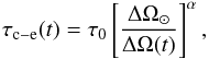 \begin{eqnarray} \tau_{\rm c{-}e} (t) = \tau_0 \left[\frac{\Delta \Omega_{\odot}}{\Delta \Omega (t)}\right]^\alpha, \end{eqnarray}