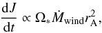 \begin{eqnarray} \label{djdt} \frac{{\rm d}J}{{\rm d}t} \propto \Omega_* \dot{M}_{\rm wind} r_{\rm A}^2, \end{eqnarray}
