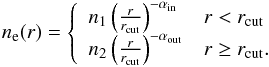\appendix \setcounter{section}{1} \begin{equation} n_{\rm e}(r) = \left\{ \begin{array}{l l} n_{1}\left(\frac{r}{r_{\rm cut}}\right)^{-\alpha_{\rm in}} & r < r_{\rm cut} \\ n_{2}\left(\frac{r}{r_{\rm cut}}\right)^{-\alpha_{\rm out}} & r \ge r_{\rm cut}. \end{array} \right. \label{eq:broken} \end{equation}