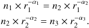 \appendix \setcounter{section}{1} \begin{eqnarray*} n_1 \times r_1^{-\alpha_1}= n_2 \times r_1^{-\alpha_2}\\ n_2 \times r_2^{-\alpha_2}= n_3 \times r_2^{-\alpha_3}. \end{eqnarray*}