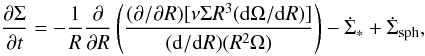 \begin{equation} \frac{\partial \Sigma}{\partial t}=-\frac{1}{R}\frac{\partial}{\partial R}\left( \frac{(\partial/\partial R)[\nu \Sigma R^3 ({\rm d}\Omega/{\rm d}R)]}{({\rm d}/{\rm d}R)(R^2 \Omega)}\right) -\dot{\Sigma}_{*}+\dot{\Sigma}_{\rm sph} , \label{eq:linpringle} \end{equation}