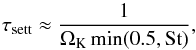 \begin{equation} \label{vstime} \tau_{\rm{sett}} \approx \frac{1}{\Omega_{\rm{K}} \min(0.5,\rm{St})}, \end{equation}