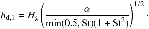 \begin{equation} \label{hdust1} h_{\rm{d,1}} = H_{\rm{g}} \left( \frac{\alpha}{\min(0.5,{\rm{St}}) (1 + {\rm{St}}^2)} \right)^{1\slash2}\cdot \end{equation}