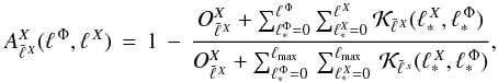 \begin{equation} A_{\tell{X}}^{X}(\ellphi,\ellx) \, = \, 1 \, - \, \frac{ O_{\tell{X}}^{X}+\sum_{\ell_{*}^{\Phi}=0}^{\ellphi}\sum_{\ell_{*}^{X}=0}^{\ellx}{\cal K}_{\tell{X}}(\ell_*^{\,X}, \ell_*^{\,\Phi})} {O_{\tell{X}}^{X}+\sum_{\ell_*^{\,\Phi}=0}^{\ellmax} \, \sum_{\ell_*^{\,X}=0}^{\ellmax}\, {\cal K}_{\tell{x}}(\ell_*^{\,X}, \ell_*^{\,\Phi})}, \label{Xaccuracydef} \end{equation}