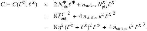 \begin{eqnarray} C\equiv C(\ellphi,\ellx) & \propto & 2\,N_{\rm pix}^{\Phi}\ellphi+n_{\rm stokes}\,N_{\rm pix}^{X}\ellx \nonumber\\ & = & 8\, {\tell{Y}_{\rm out}\,}^2 \, + \, 4\,n_{\rm stokes}\,\kappa^2\,{\ellx\,}^2\nonumber\\ & = & 8\, \eta^2 \, (\ellphi+\ellx)^2\,\ellphi \, + \, 4\,n_{\rm stokes}\,\kappa^2\,{\ellx\,}^3. \label{eq:costfunc} \end{eqnarray}