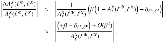 \appendix \setcounter{section}{1} \begin{eqnarray} \left |\frac{\Delta A_{\ell}^{X}(\ellphi,\ellx)}{A_{\ell}^{X}(\ellphi,\ellx)}\right | &\approx&\left | \frac{1}{A_{\ell}^{X}(\ellphi,\ellx)}\left(\beta\left(1- A_{\ell}^{X}(\ellphi,\ellx) \right)- \delta_{\ellx,\ell^{\Phi}}\right) \right | \nonumber\\ &\approx&\left |\frac{\left(+\beta - \delta_{\ellx,\ell^{\Phi}}\right) + \mathcal{O}(\beta^{2})}{A_{\ell}^{X}(\ellphi,\ellx)}\right |, \label{eq:accuracy} \end{eqnarray}