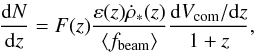 \begin{equation} \frac{{\rm d} N}{{\rm d} z}=F(z) \frac{\varepsilon(z)\dot{\rho}_*(z)}{\langle f_{\rm beam}\rangle} \frac{{\rm d}V_{\rm com}/{\rm d}z}{1+z}, \end{equation}