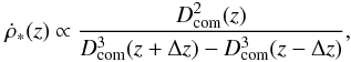 \begin{equation} \dot{\rho}_*(z)\propto \frac{D_{\rm com}^2(z)}{D_{\rm com}^3(z+\Delta z)-D_{\rm com}^3(z-\Delta z)}, \end{equation}