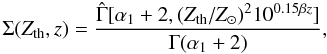 \begin{equation} \Sigma (Z_{\rm th},z)=\frac{\hat{\Gamma}[\alpha_1+2,(Z_{\rm th}/Z_{\odot})^2 10^{0.15\beta z}]}{\Gamma(\alpha_1+2)}, \end{equation}