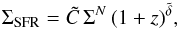 \begin{equation} \Sigma_{\mathrm{SFR}}=\tilde{C} \, \Sigma^N \, (1+z)^{\tilde{\delta}},\label{Kenni} \end{equation}