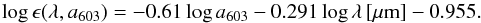 \begin{equation} \label{eq:pvsa} {\rm log}\, \epsilon(\lambda, a_{603}) = -0.61 \,{\rm log}\, a_{603} - 0.291 \, {\rm log}\, \lambda \,[\mu{\rm m}] - 0.955 . \end{equation}