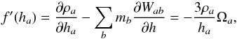 \begin{equation} f'(h_a) = \frac {\partial \rho_a} {\partial h_a} - \sum_b m_b \frac {\partial W_{ab}} {\partial h} = - \frac {3 \rho_a} {h_a} \Omega_a, \end{equation}