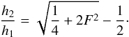 \begin{equation} \frac{h_2}{h_1}=\sqrt{\frac{1}{4}+2F^2}-\frac{1}{2}\cdot \label{jf0} \end{equation}