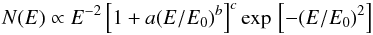 \begin{equation} N(E)\propto E^{-2}\left[1+a(E/E_0)^b\right]^c \exp\,\left[-(E/E_0)^2\right] \end{equation}