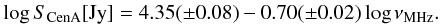 \begin{eqnarray} \label{CenA} \log S_\mathrm{Cen A} [\mathrm{Jy}] = 4.35(\pm0.08) - 0.70(\pm0.02)\log\nu_\mathrm{MHz}. \end{eqnarray}