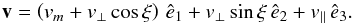 \begin{equation} \label{recoil} \vec{v} = \left(v_m + v_\bot \cos{\xi}\right)\, \hat{e}_1 + v_\bot \sin{\xi}\, \hat{e}_2 + v_{\parallel}\, \hat{e}_3. \end{equation}