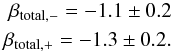 \begin{eqnarray} \beta_{\rm total,-} = -1.1 \pm 0.2 \nonumber \\ \beta_{\rm total,+} = -1.3 \pm 0.2. \nonumber \end{eqnarray}