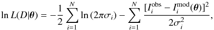 \appendix \setcounter{section}{2} \begin{equation} \ln L(D|{\bm{\theta}}) = -\frac{1}{2}\sum_{i=1}^{N}\ln\,(2 \pi\sigma_{i})-\sum_{i=1}^{N}\frac{[I^\emr{obs}_{i}-I^\emr{mod}_{i}(\bm{\theta})]^ {2}}{2\sigma_{i}^{2}}, \end{equation}