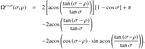 \appendix \setcounter{section}{1} \begin{eqnarray} \Omega^{\rho<\sigma}(\sigma,\rho)&=&2\left[\acos{\left(\frac{\tan{(\sigma-\rho)}}{\tan{\sigma}}\right)}\right] \left[1-\cos{\sigma}\right] +\pi \notag\\ &&- 2 \acos{\left(\frac{\tan{(\sigma-\rho)}}{\tan{\sigma}}\right)} \notag\\ &&- 2\acos{\left(\cos{(\sigma\!-\!\rho)} \cdot \sin\acos{\left(\frac{\tan{(\sigma\!-\!\rho)}}{\tan{\sigma}}\right)}\right)}. \label{eq:Osr1} \end{eqnarray}
