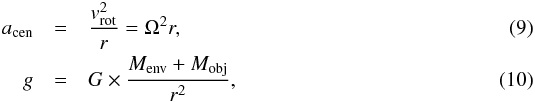\begin{eqnarray} a_{\rm cen} &=& \frac{v_{\rm rot}^2}{r} = \Omega^2 r ,\\ g &=& G \times \frac{M_{\rm env}+M_{\rm obj}}{r^2} , \end{eqnarray}