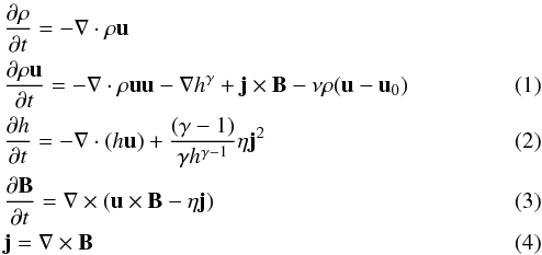\begin{eqnarray} &&\frac{\partial\rho}{\partial t} = -\vec{\nabla}\cdot\rho\vec{u} \nonumber \\ \label{eq:mom}&&\frac{\partial\rho\vec{u}}{\partial t} = -\vec{\nabla}\cdot\rho\vec{uu}-\vec{\nabla} h^{\gamma}+\vec{j}\times\vec{B}-\nu \rho(\vec{u}-\vec{u}_0) \\ \label{eq:h} &&\frac{\partial h}{\partial t} = -\vec{\nabla}\cdot (h\vec{u})+\frac{\left(\gamma-1\right)}{\gamma h^{\gamma-1}}\eta\vec{j}^{2} \\ \label{eq:induct} &&\frac{\partial\vec{B}}{\partial t} = \vec{\nabla}\times(\vec{u}\times\vec{B}-\eta\vec{j}) \\ \label{eq:current}&&\vec{j} = \vec{\nabla}\times\vec{B} \end{eqnarray}